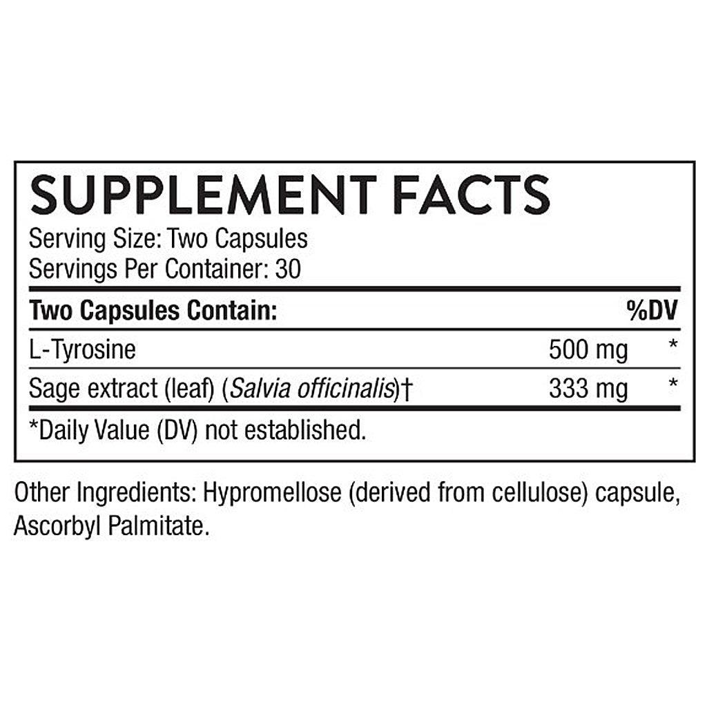 A supplement facts label showing two capsules contain L-Tyrosine 500 mg and Sage extract (leaf) (Salvia officinalis) 333 mg, with other ingredients listed below on a white background.