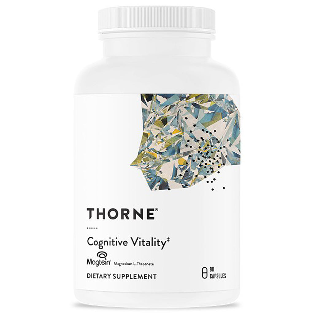 A white plastic bottle of Thorne Cognitive Vitality dietary supplement with a white cap, featuring a colorful abstract geometric illustration on the label.