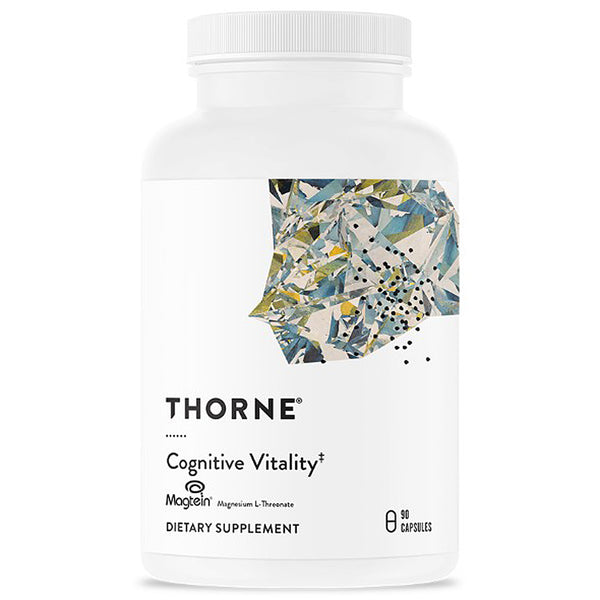 A white plastic bottle of Thorne Cognitive Vitality dietary supplement with a white cap, featuring a colorful abstract geometric illustration on the label.