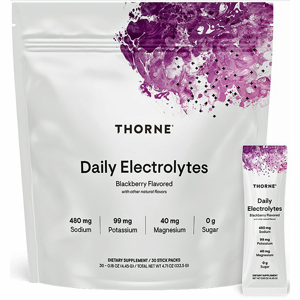 A white stand-up pouch of THORNE Daily Electrolytes, blackberry flavored, shown with a small matching single-serve stick pack beside it on a plain white background.