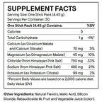 A supplement facts label for a one stick pack, showing serving size, calories, total carbohydrate, calcium, magnesium, chloride, sodium, and potassium amounts with percent daily values, plus other ingredients listed below.