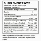 A black-and-white Supplement Facts label showing nutrition details for a one stick pack, including calories, total carbohydrate, calcium, magnesium, chloride, sodium, and potassium, with other ingredients listed below.