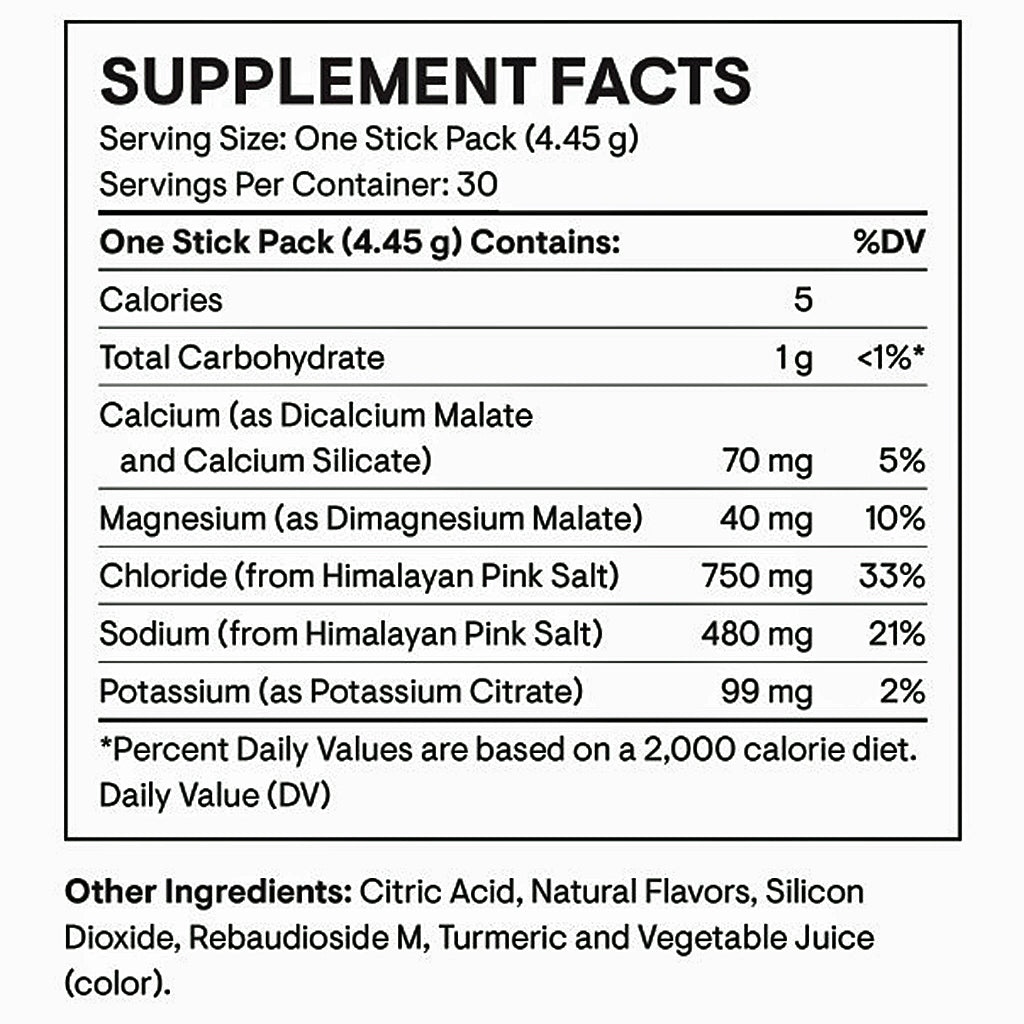 A black-and-white Supplement Facts label showing nutrition details for a one stick pack, including calories, total carbohydrate, calcium, magnesium, chloride, sodium, and potassium, with other ingredients listed below.