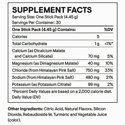 A black-and-white Supplement Facts label showing nutrition details for a one stick pack, including calories, total carbohydrate, calcium, magnesium, chloride, sodium, and potassium, with other ingredients listed below.