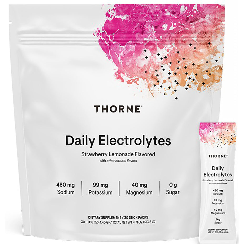 A white stand-up pouch of Thorne Daily Electrolytes, strawberry lemonade flavored, with a colorful pink, orange, and black paint-splatter design near the top. A smaller matching single-serve stick pack is shown to the right.
