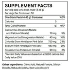 A supplement facts label for a stick pack showing serving size, calories, total carbohydrate, calcium, magnesium, chloride, sodium, and potassium amounts with percent daily values.