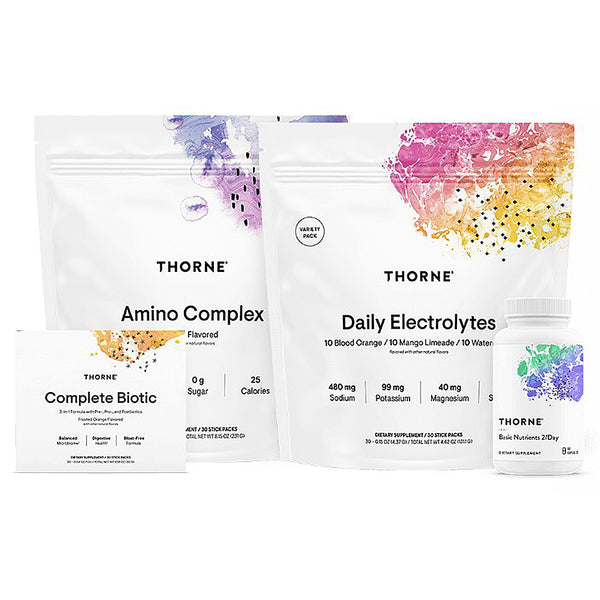 Two Thorne supplement packages, one labeled 'Amino Complex' and the other 'Daily Electrolytes', on a white background.