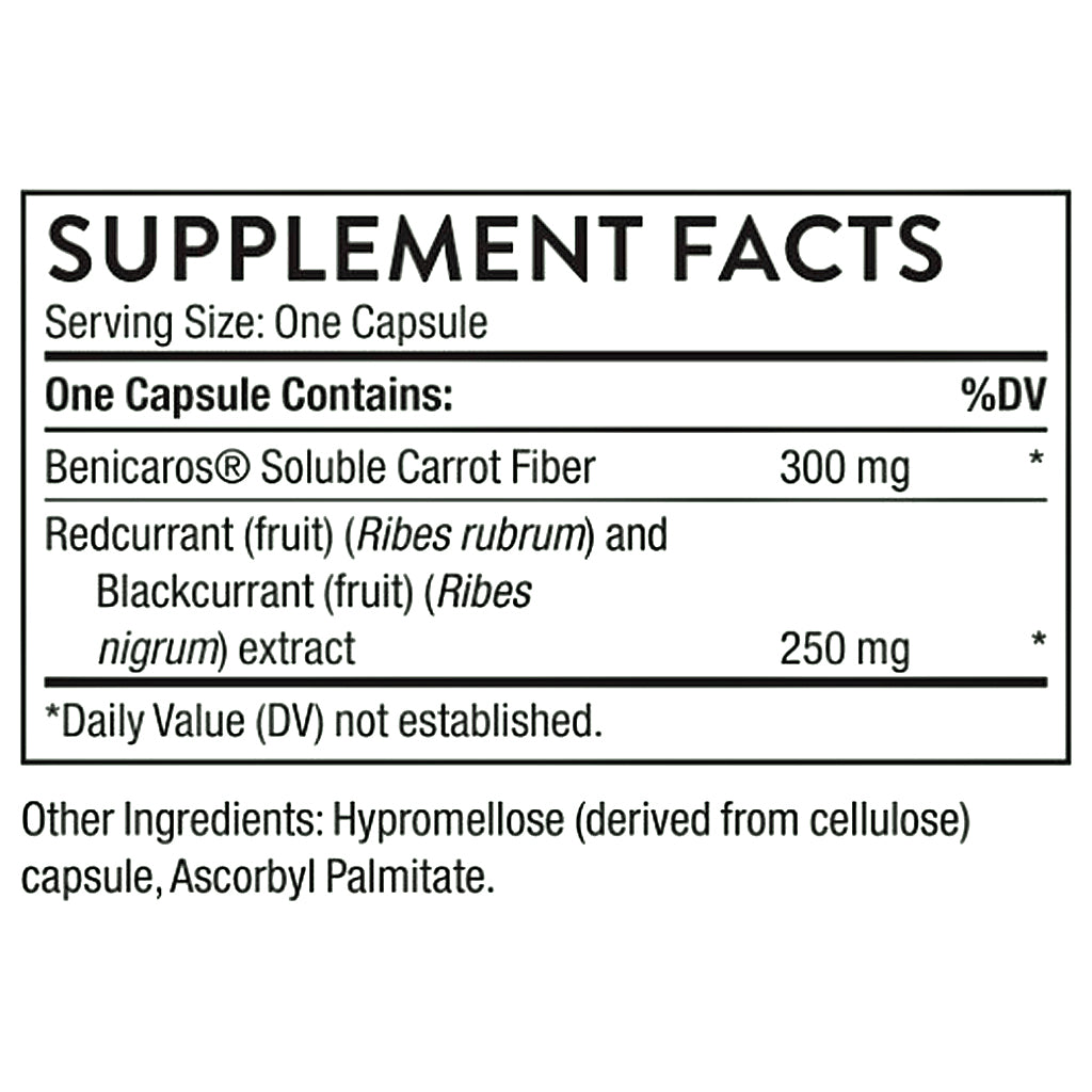 A supplement facts label showing Benicaros Soluble Carrot Fiber at 300 mg and Redcurrant and Blackcurrant extract at 250 mg, with serving size noted as one capsule.