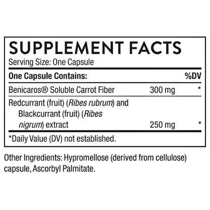 A supplement facts label showing Benicaros Soluble Carrot Fiber at 300 mg and Redcurrant and Blackcurrant extract at 250 mg, with serving size noted as one capsule.
