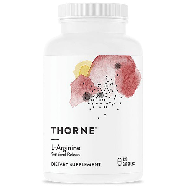Thorne L-Arginine dietary supplement bottle with floral design on a white background