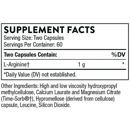 Supplement facts label with L-Arginine content on a white background