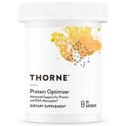 A white plastic bottle of THORNE Protein Optimizer dietary supplement with a white ribbed cap, featuring a yellow and orange paint splatter graphic on the label.