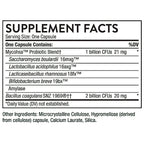 A black and white supplement facts label showing a probiotic blend. The label lists Mycohsa Probiotic Blend along with other ingredients like Saccharomyces boulardii, Lactobacillus acidophilus, Lactcaseibacillus rhamnosus, Bifidobacterium breve, and Bacillus coagulans, with CFUs and mg dosages.