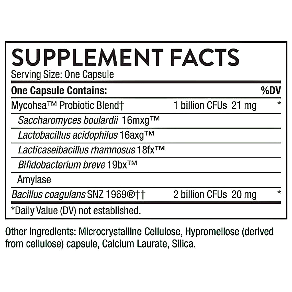 A black and white supplement facts label showing a probiotic blend. The label lists Mycohsa Probiotic Blend along with other ingredients like Saccharomyces boulardii, Lactobacillus acidophilus, Lactcaseibacillus rhamnosus, Bifidobacterium breve, and Bacillus coagulans, with CFUs and mg dosages.