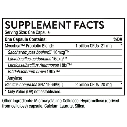 A black and white supplement facts label showing a probiotic blend. The label lists Mycohsa Probiotic Blend along with other ingredients like Saccharomyces boulardii, Lactobacillus acidophilus, Lactcaseibacillus rhamnosus, Bifidobacterium breve, and Bacillus coagulans, with CFUs and mg dosages.