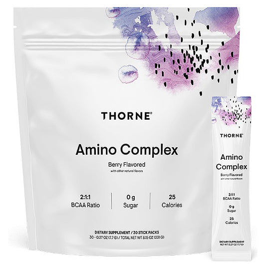Thorne Amino Complex supplement package with berry flavor on a white background