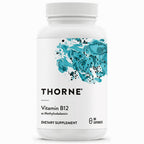 A white bottle of Thorne Vitamin B12 dietary supplement with a white cap and a label featuring a teal and black abstract design.