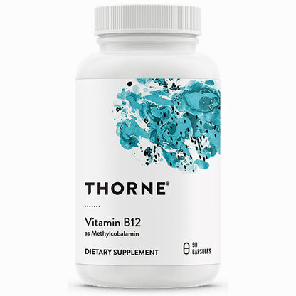 A white bottle of Thorne Vitamin B12 dietary supplement with a white cap and a label featuring a teal and black abstract design.