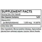 A supplement facts label showing Vitamin B12 content: one capsule contains 1,000 mcg of Vitamin B12, with other ingredients listed below.