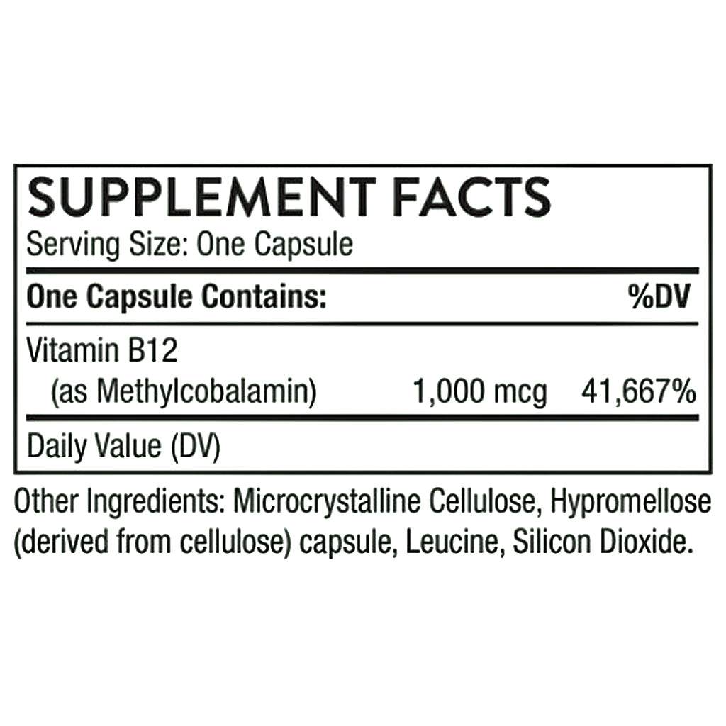 A supplement facts label showing Vitamin B12 content: one capsule contains 1,000 mcg of Vitamin B12, with other ingredients listed below.