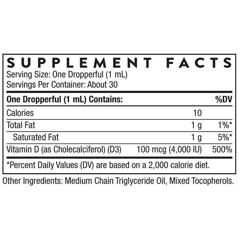 Supplement facts label for a dropper product with nutritional information.
