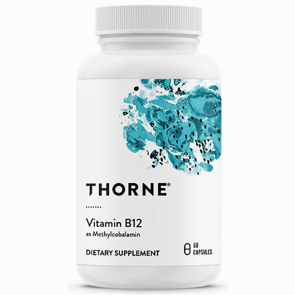 A white plastic bottle of Thorne Vitamin B12 dietary supplement with a white cap, featuring a teal and black abstract splash graphic on the label.
