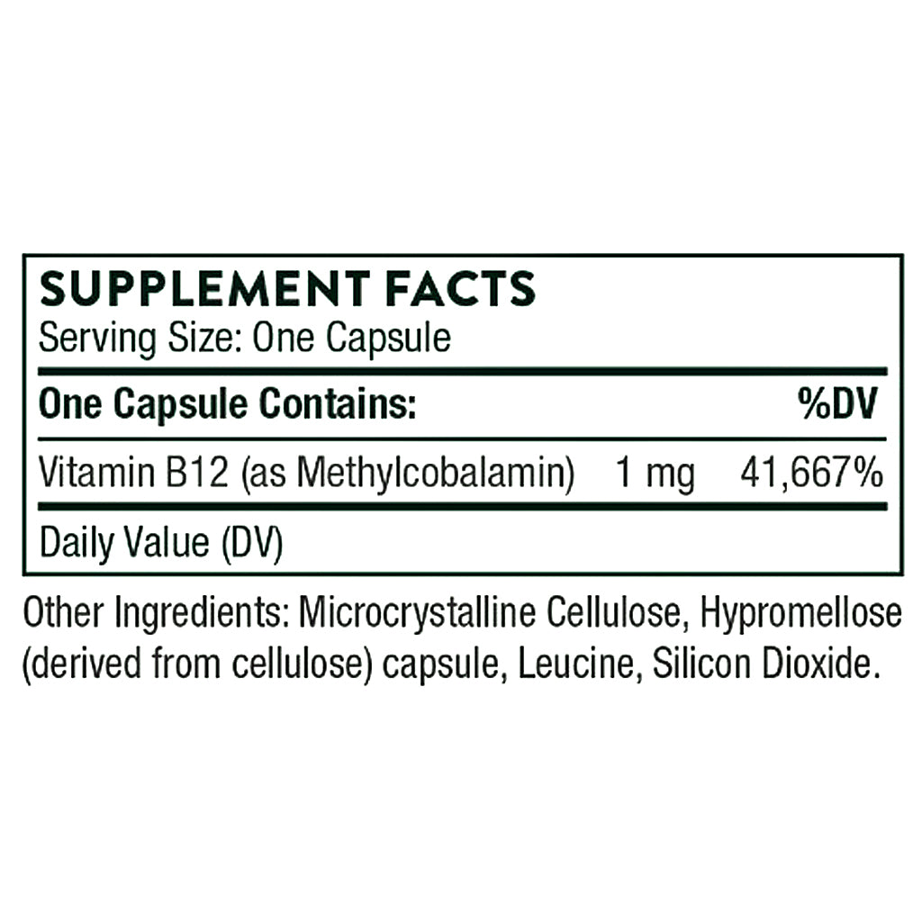 A supplement facts label showing Vitamin B12 (as Methylcobalamin) 1 mg with 41,667% Daily Value (DV), plus other ingredients listed below on a white background.