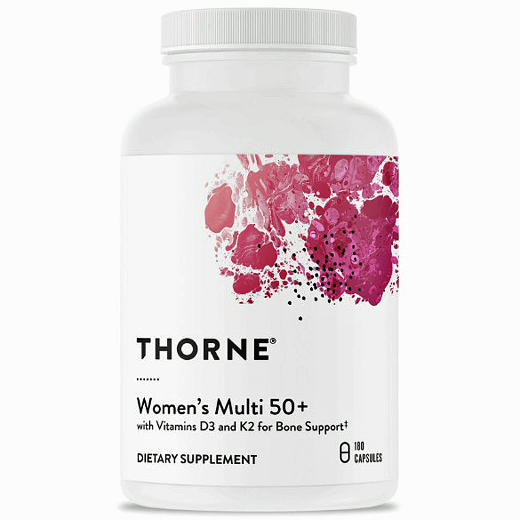 A white plastic bottle of Thorne Women's Multi 50+ dietary supplement with a white cap, featuring a pink and magenta floral pattern on the label.