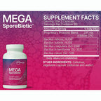 MegasporeBiotic supplement facts panel with a white bottle on a pink and purple textured background. The label reads Mega SporeBiotic and shows a supplement facts table with Bacillus species listed.
