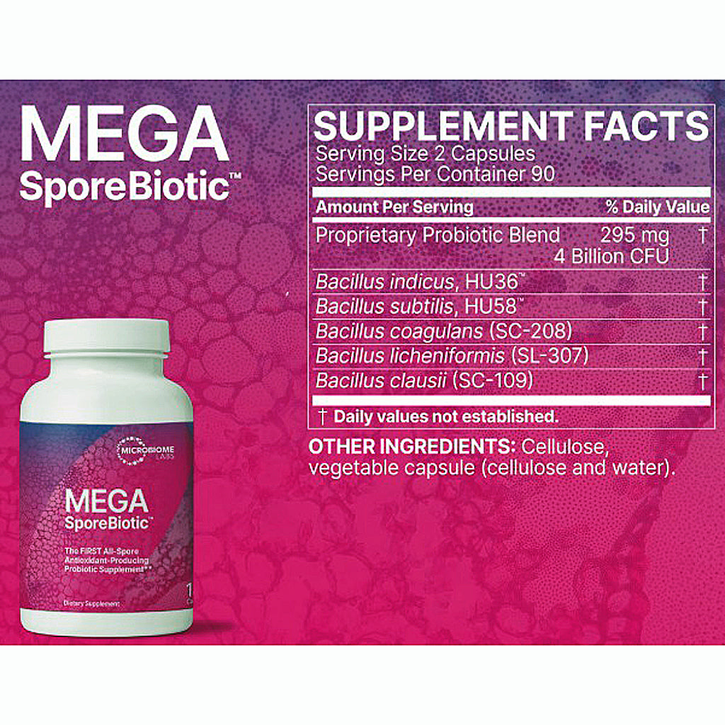 MegasporeBiotic supplement facts panel with a white bottle on a pink and purple textured background. The label reads Mega SporeBiotic and shows a supplement facts table with Bacillus species listed.