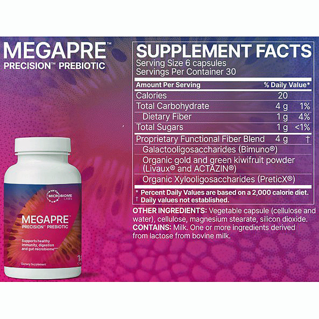 Megapre Precision Prebiotic supplement bottle shown next to its supplement facts label. The bottle is white with a purple and orange label.