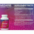Megapre Precision Prebiotic supplement bottle shown next to its supplement facts label. The bottle is white with a purple and orange label.