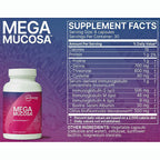 Megamucosa dietary supplement bottle and supplement facts panel. The white bottle with a pink and purple label is shown on the left, and a detailed supplement facts table is displayed on the right against a purple background.