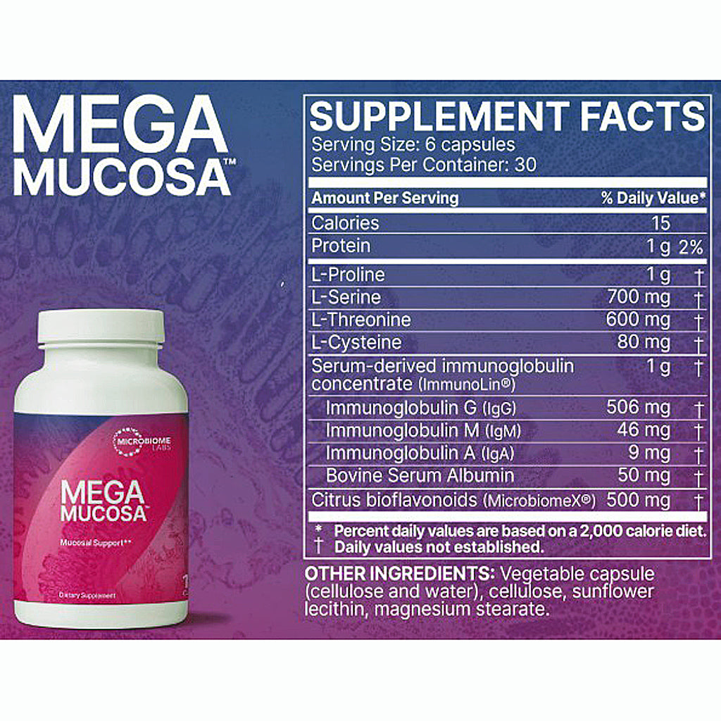 Megamucosa dietary supplement bottle and supplement facts panel. The white bottle with a pink and purple label is shown on the left, and a detailed supplement facts table is displayed on the right against a purple background.