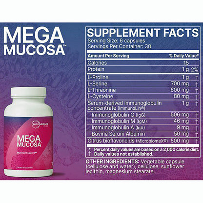 Megamucosa dietary supplement bottle and supplement facts panel. The white bottle with a pink and purple label is shown on the left, and a detailed supplement facts table is displayed on the right against a purple background.