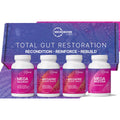 Four white supplement bottles labeled MEGA, MEGAPRE, MEGAPRE EXTREME, and MEGA MUCOSA from Microbiome Labs, displayed in front of a purple and pink branded box on a white background.