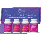 Four white supplement bottles labeled MEGA, MEGAPRE, MEGAPRE EXTREME, and MEGA MUCOSA from Microbiome Labs, displayed in front of a purple and pink branded box on a white background.