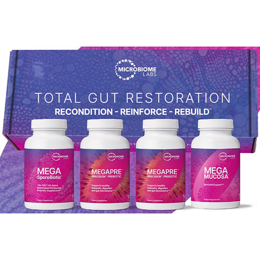 Four white supplement bottles labeled MEGA, MEGAPRE, MEGAPRE EXTREME, and MEGA MUCOSA from Microbiome Labs, displayed in front of a purple and pink branded box on a white background.