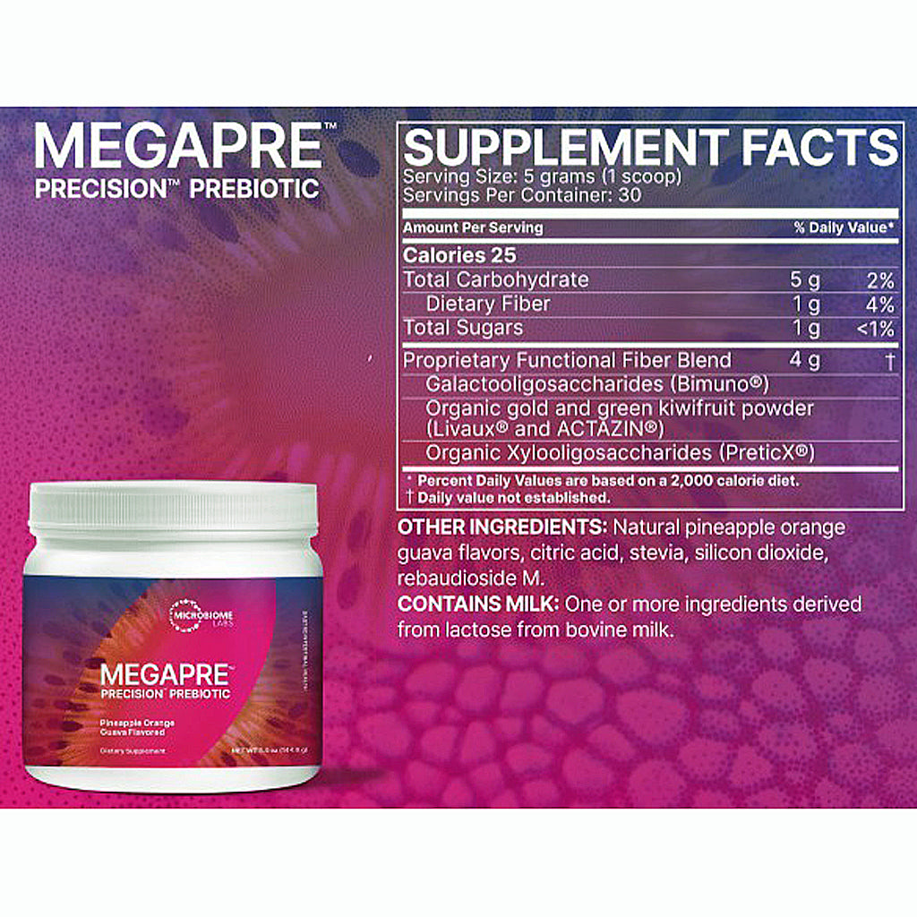 Megapre Precision Prebiotic supplement facts panel and product jar on a purple patterned background. The label shows Megapre branding and a supplement facts table with serving size 6 grams (1 scoop) and a white plastic jar with a white cap.