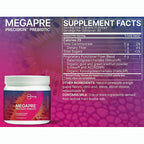 Megapre Precision Prebiotic supplement facts panel and product jar on a purple patterned background. The label shows Megapre branding and a supplement facts table with serving size 6 grams (1 scoop) and a white plastic jar with a white cap.