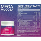 Megascapure MEGA MUCOSA supplement facts panel alongside a jar label, on a purple-to-blue gradient background with product text and a nutrition facts table.