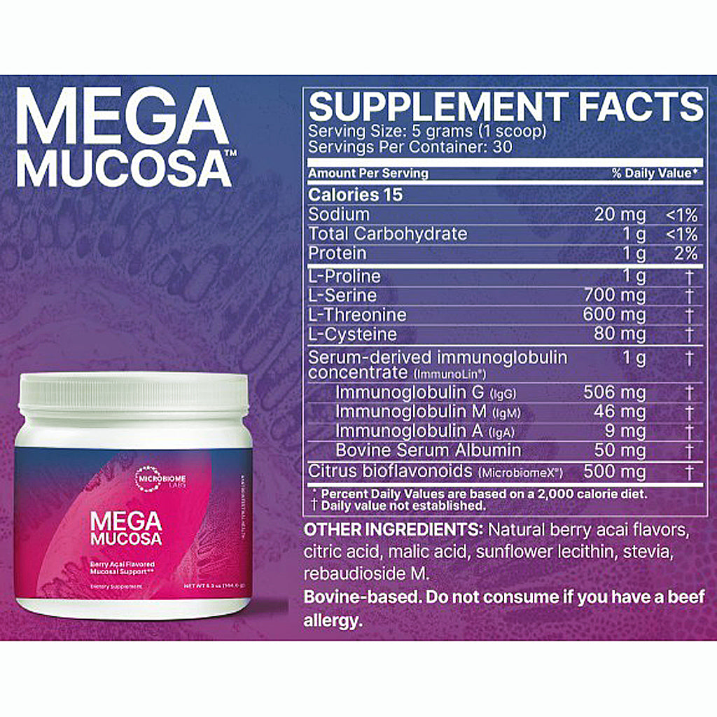 Megascapure MEGA MUCOSA supplement facts panel alongside a jar label, on a purple-to-blue gradient background with product text and a nutrition facts table.