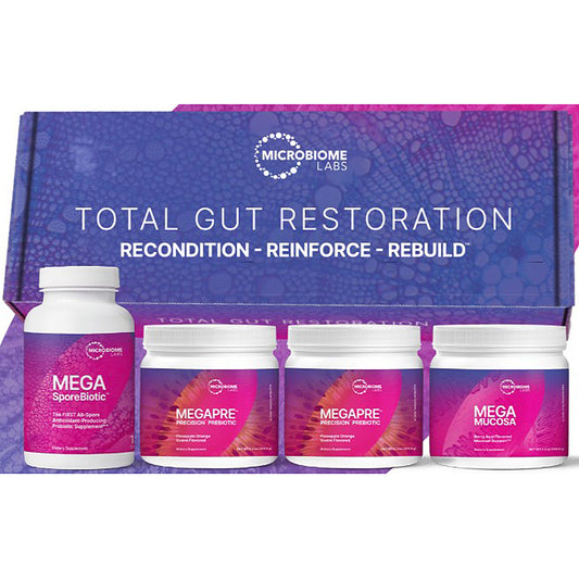 Microbiome Labs Total Gut Restoration supplement kit, featuring a large blue and purple box behind four white plastic supplement containers labeled Mega Basic, Megapre, Megapre+ and Mega Mudra.