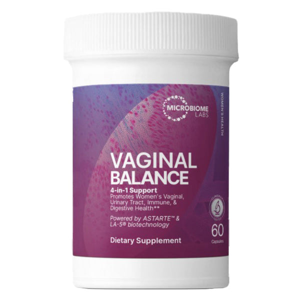 A container of Microbiome Labs Vaginal Balance dietary supplement, with a purple label and 60 capsules indicated.