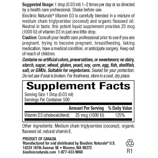 Bioclinic Naturals Vitamin D3 Drops 1000 IU  0.5 oz. (15ml)