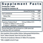 Supplement facts label for a probiotic product with serving size, servings per container, and detailed ingredient list.