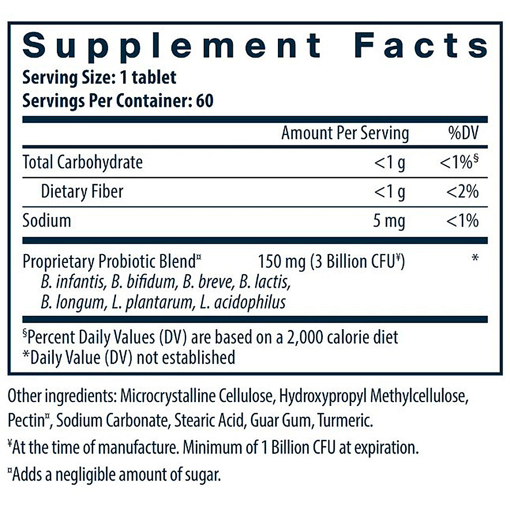 Supplement facts label for a probiotic product with serving size, servings per container, and detailed ingredient list.