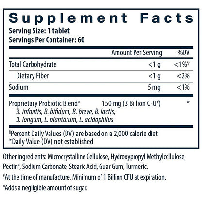 Supplement facts label for a probiotic product with serving size, servings per container, and detailed ingredient list.