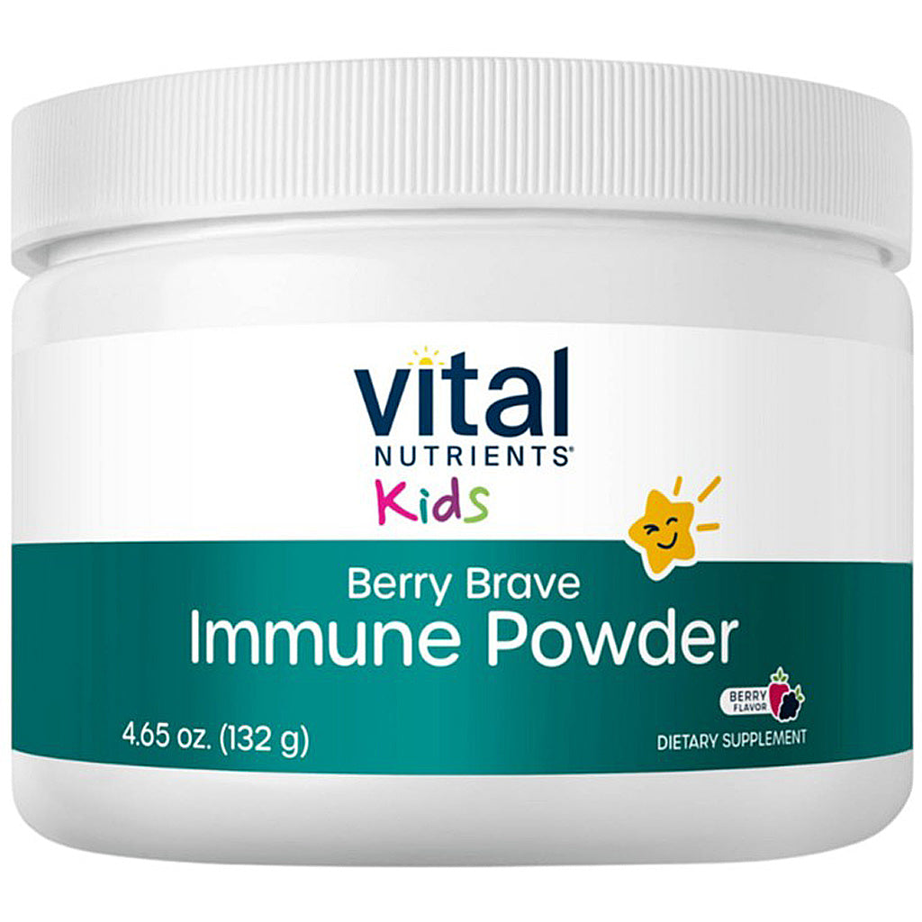 A white plastic jar of Vital Nutrients Kids Berry Brave Immune Powder, 4.65 oz (132 g), on a plain white background.