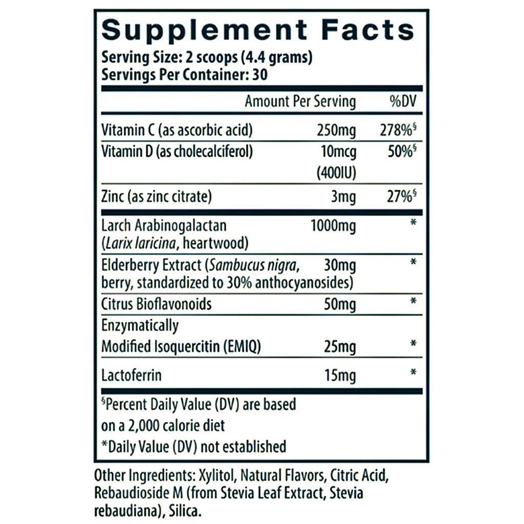 A supplement facts label with a black text box on a white background, listing nutrients such as Vitamin C, Vitamin D, Zinc, Larch Arabinganalactan, Elderberry Extract, Citrus Bioflavonoids, Enzymatically Modified Isoquercetin (EMIQ), and Lactoferrulin.